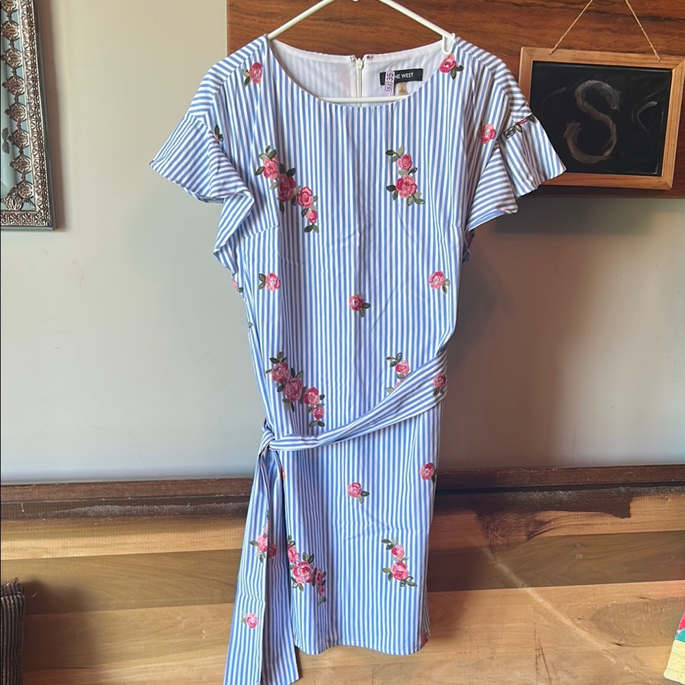 Nine West Blue and White Sheath Dress with Flutter Sleeves